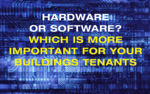 The words hardware or software on electronic blue background