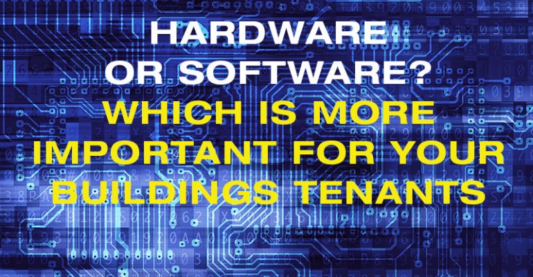The words hardware or software on electronic blue background